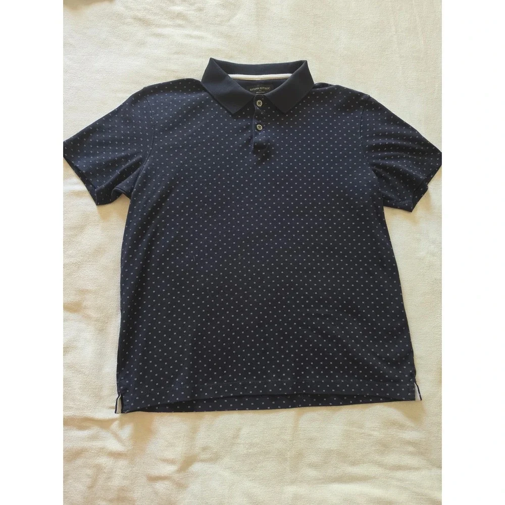 Banana Republic Mens Dress Polo Shirt Navy Blue Geometric Micro Print Large L